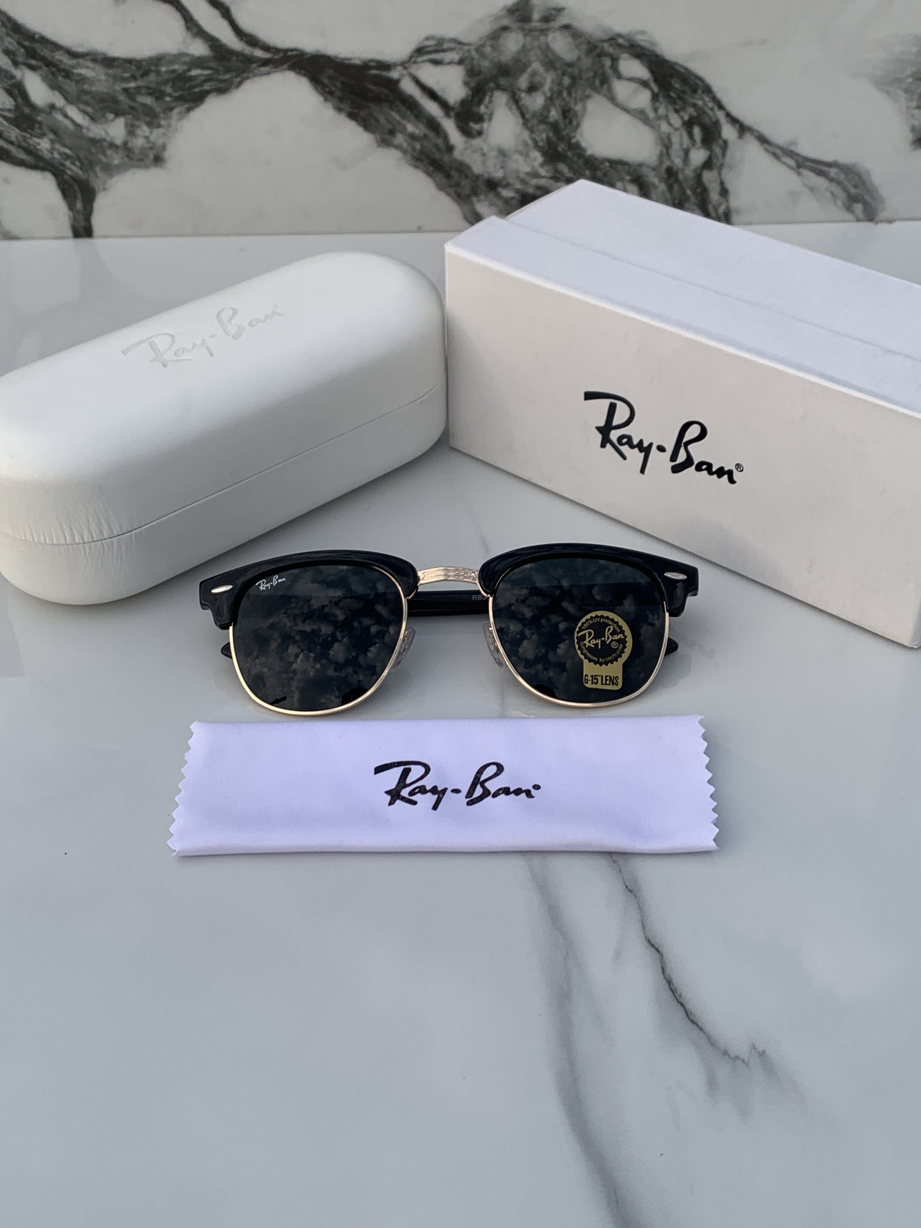 RB 3016 GOLD BLACK GLASS LENS CLUBMASTER UV-400 SUNGLASSES