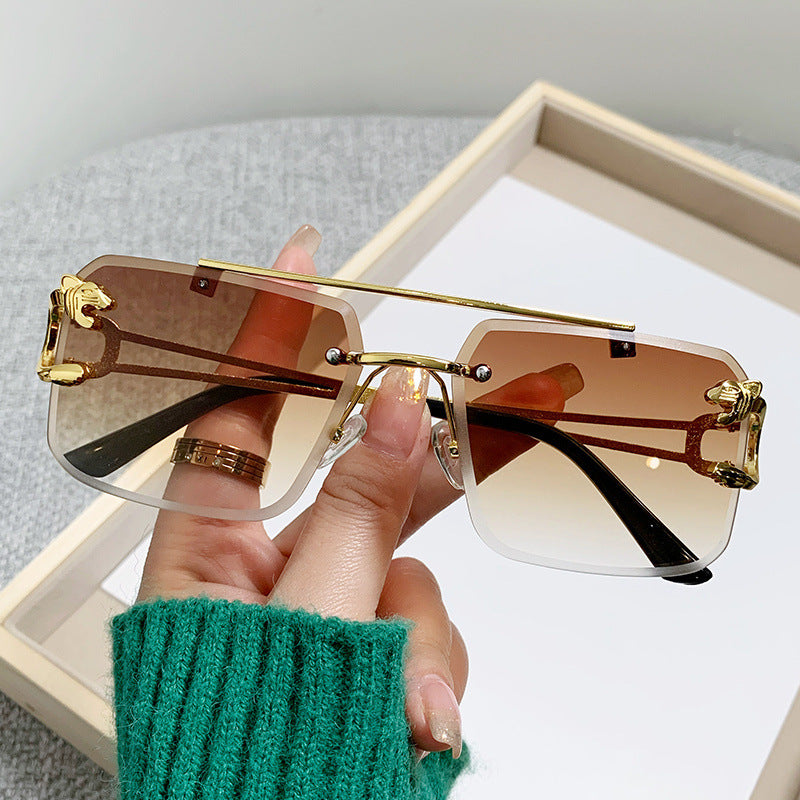 New Stylish Rimless Panther face Luxurious Gold Brown UV-400 Unisex Fashion Sunglasses (Copy) (Copy)