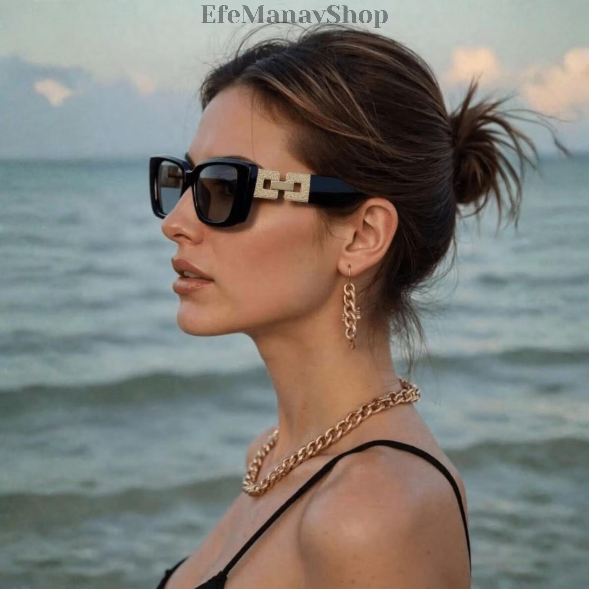 Black Rectangular Sunglasses, Luxury Gold Detail, Retro Fashion