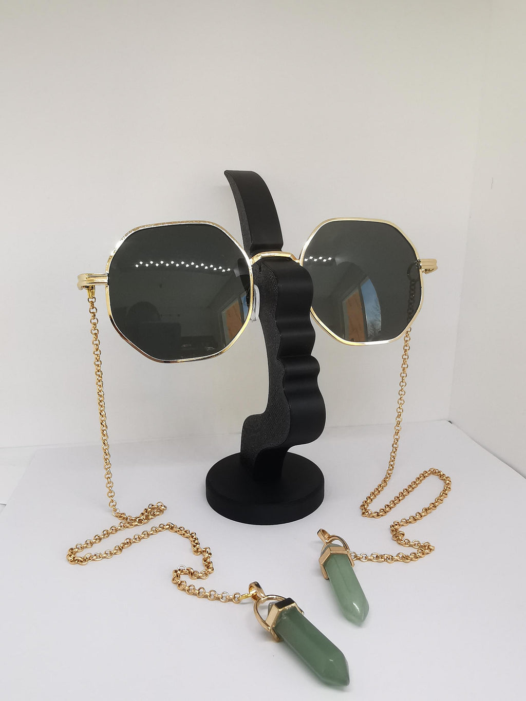 Green Crystal Sunglasses – Unique Chain Temple Glasses, Oversized Round Armless Shades, Handmade Jewelry Glasses