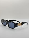 Vintage Black Rectangle Sunglasses: Retro Gold Medallion Shades, UV Protection