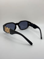 Vintage Black Rectangle Sunglasses: Retro Gold Medallion Shades, UV Protection