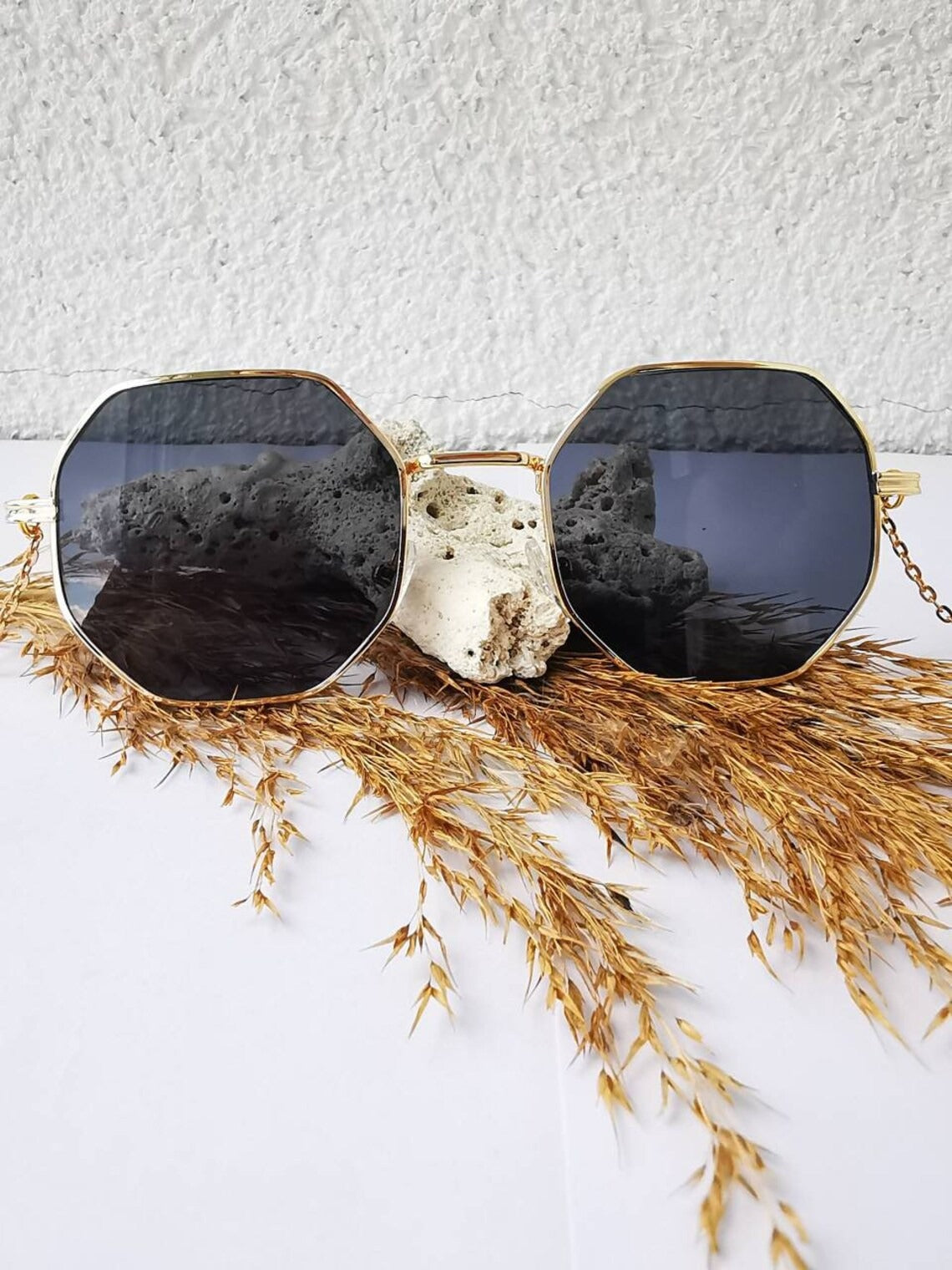 Green Crystal Sunglasses – Unique Chain Temple Glasses, Oversized Round Armless Shades, Handmade Jewelry Glasses