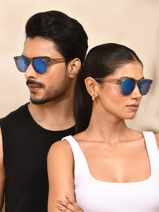 IRUS by IDEE - Unisex Blue Lens & Silver-Toned Oval Sunglasses with UV Protected Lens