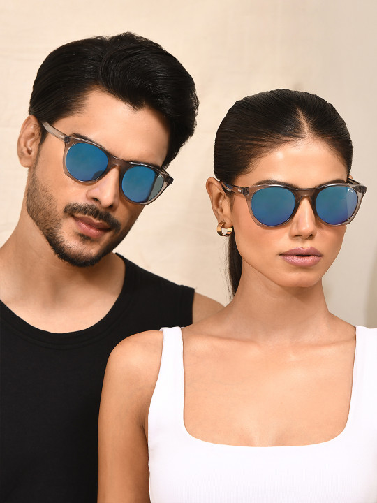 IRUS by IDEE - Unisex Blue Lens & Silver-Toned Oval Sunglasses with UV Protected Lens