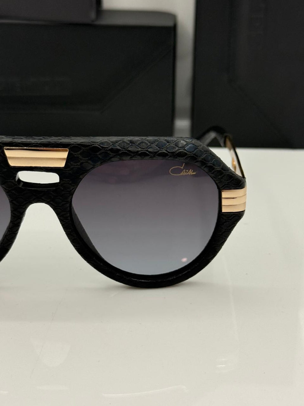 Cazal Glasses Legends 657 Black Leather Snakeskin Bridge Transparent Golden Sunglasses