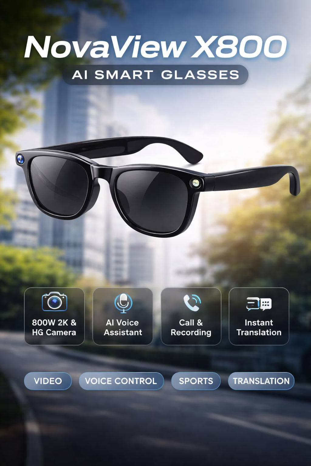 Pro AI Smart Glasses 800W Pixel 2K HD Camera Outdoor Sport Sunglasses with Open AI Voice Assistant, Call Recording & Real-Time