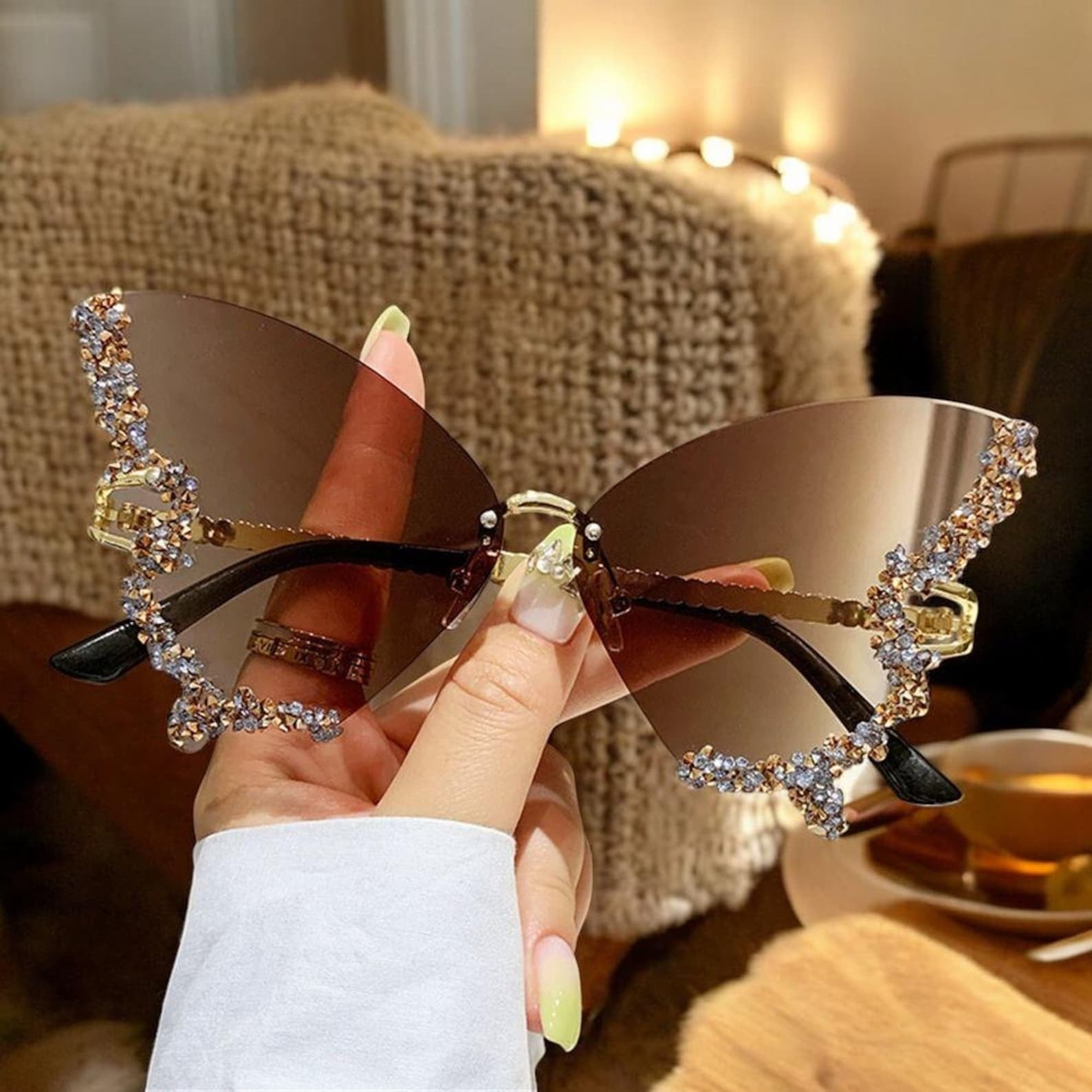 Funky Rhinestones Butterfly Sunglasses For Women, Cute Rimless Sunglasses, Festival Accessories, Cute Summer Party Sunglasses, Gift For Her