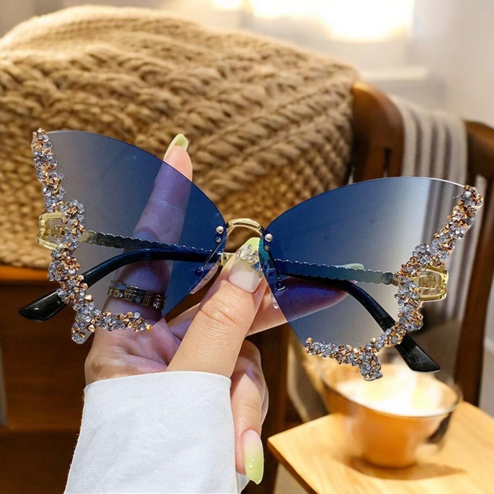 Funky Rhinestones Butterfly Sunglasses For Women, Cute Rimless Sunglasses, Festival Accessories, Cute Summer Party Sunglasses, Gift For Her