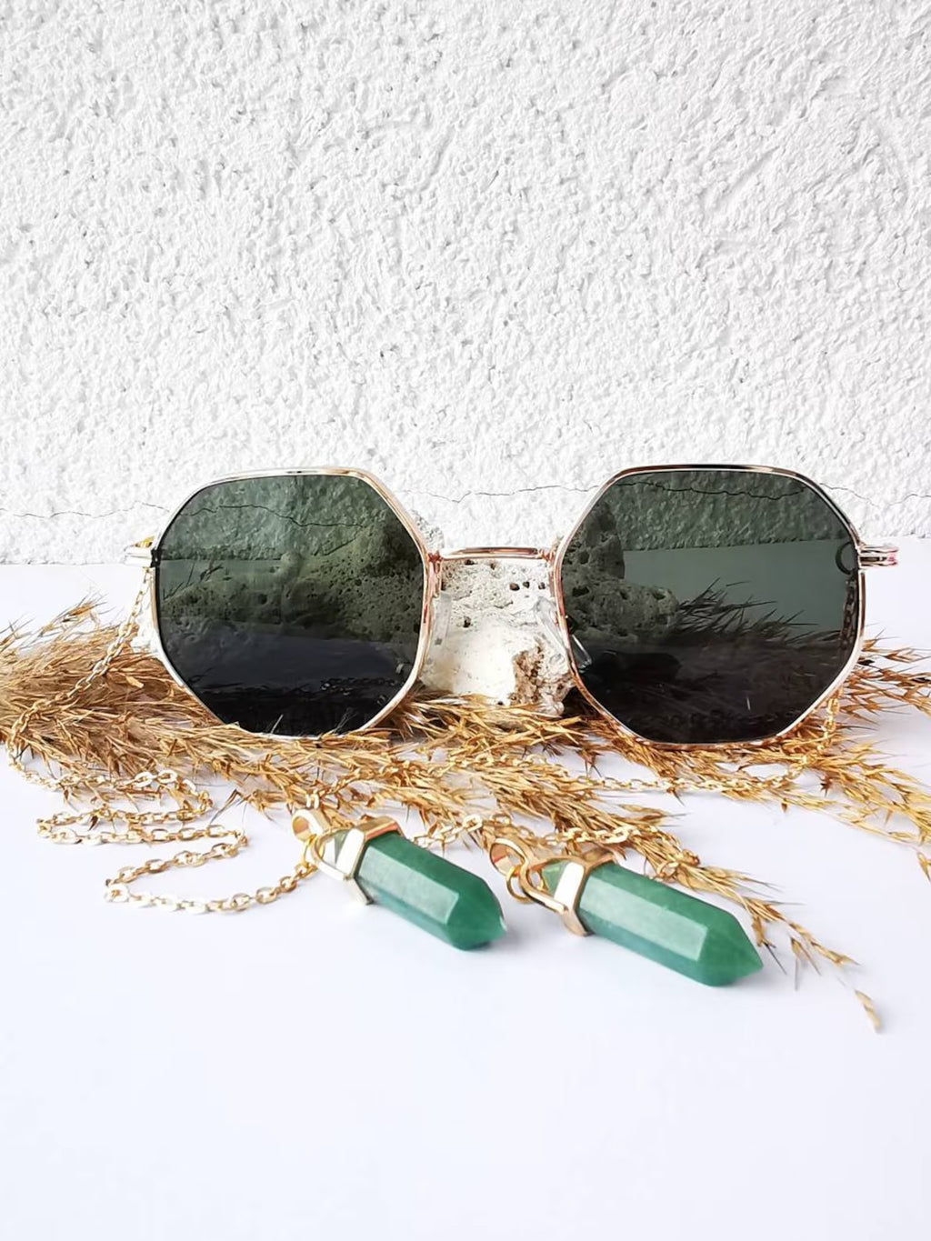 Green Crystal Sunglasses – Unique Chain Temple Glasses, Oversized Round Armless Shades, Handmade Jewelry Glasses