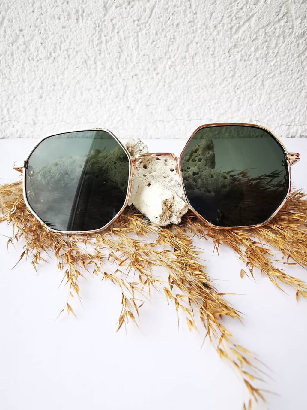 Green Crystal Sunglasses – Unique Chain Temple Glasses, Oversized Round Armless Shades, Handmade Jewelry Glasses