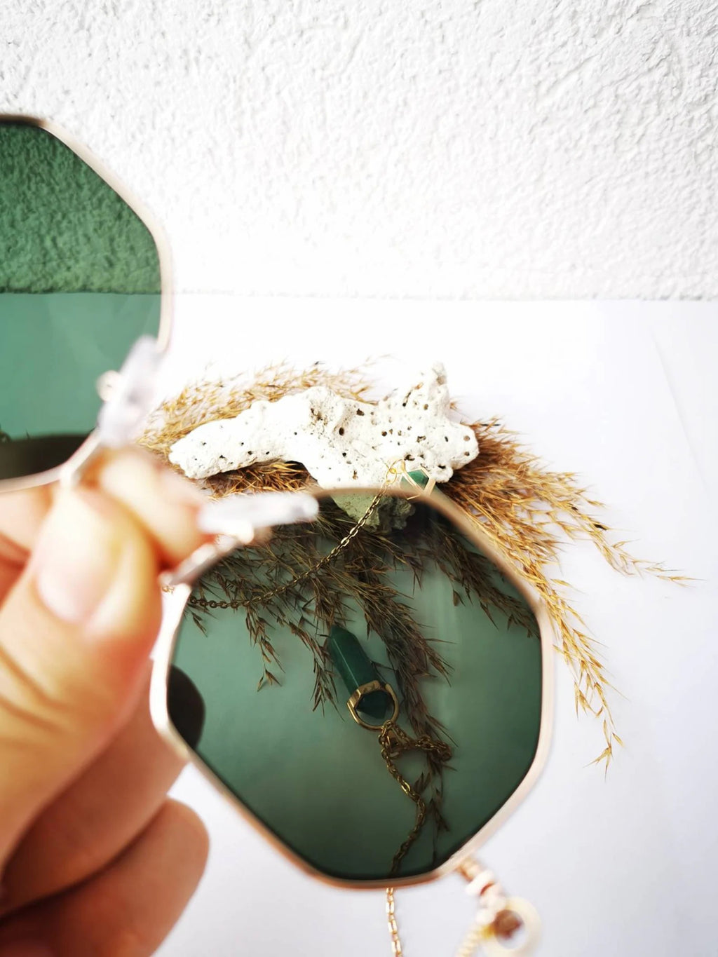 Green Crystal Sunglasses – Unique Chain Temple Glasses, Oversized Round Armless Shades, Handmade Jewelry Glasses