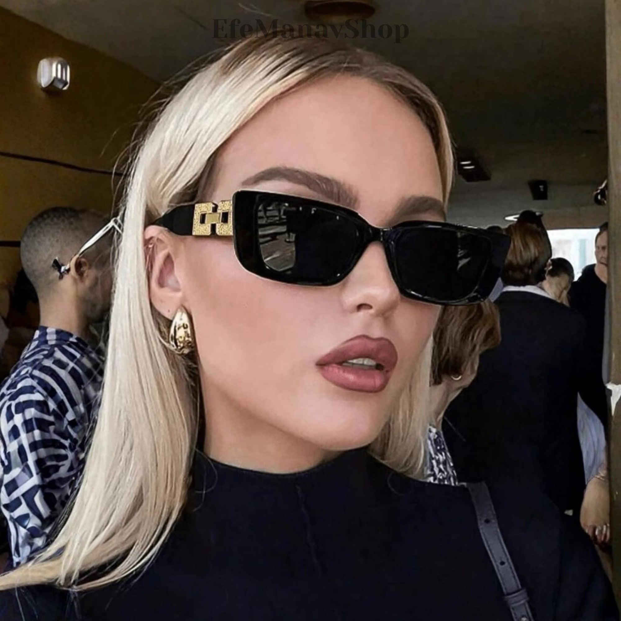 Black Rectangular Sunglasses, Luxury Gold Detail, Retro Fashion