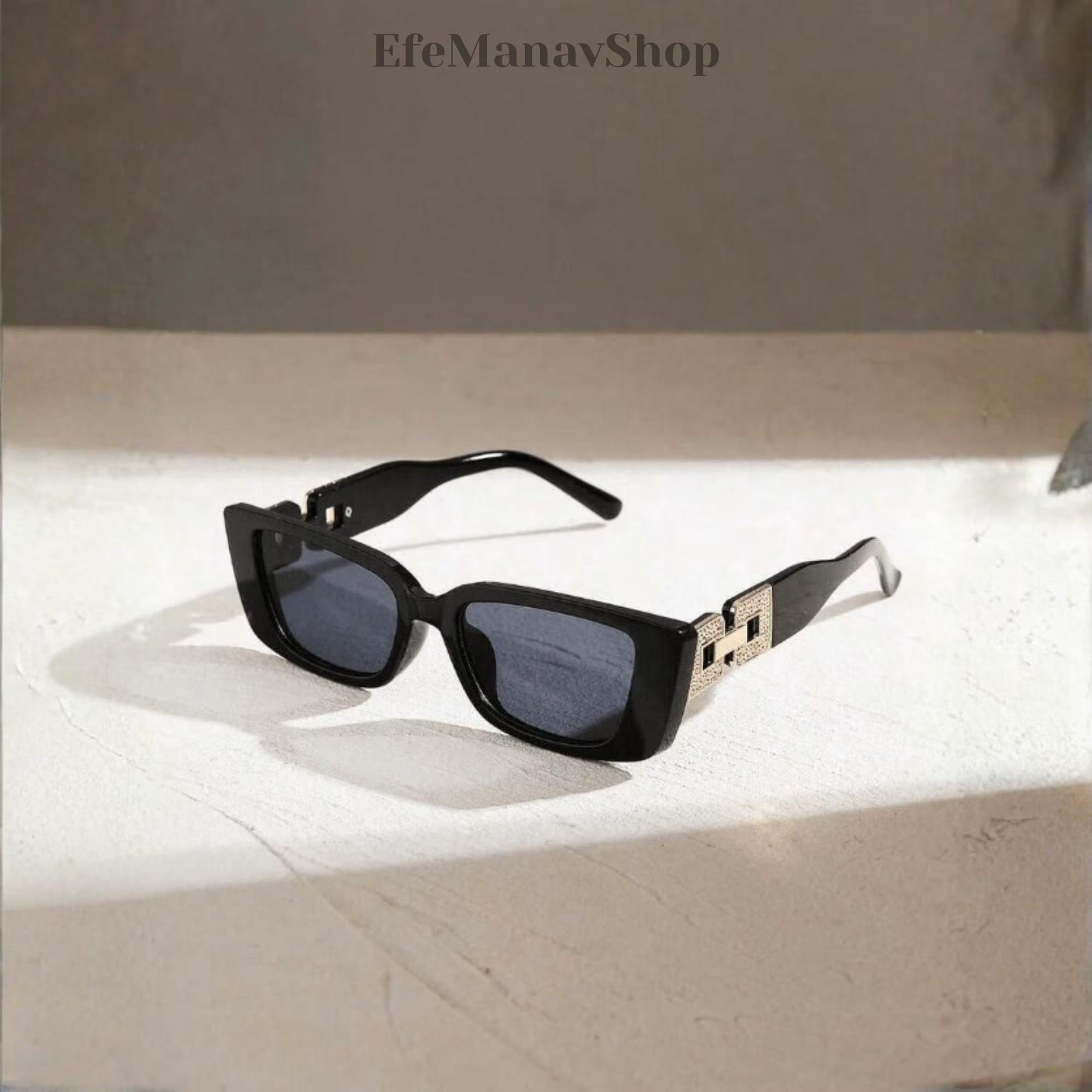 Black Rectangular Sunglasses, Luxury Gold Detail, Retro Fashion