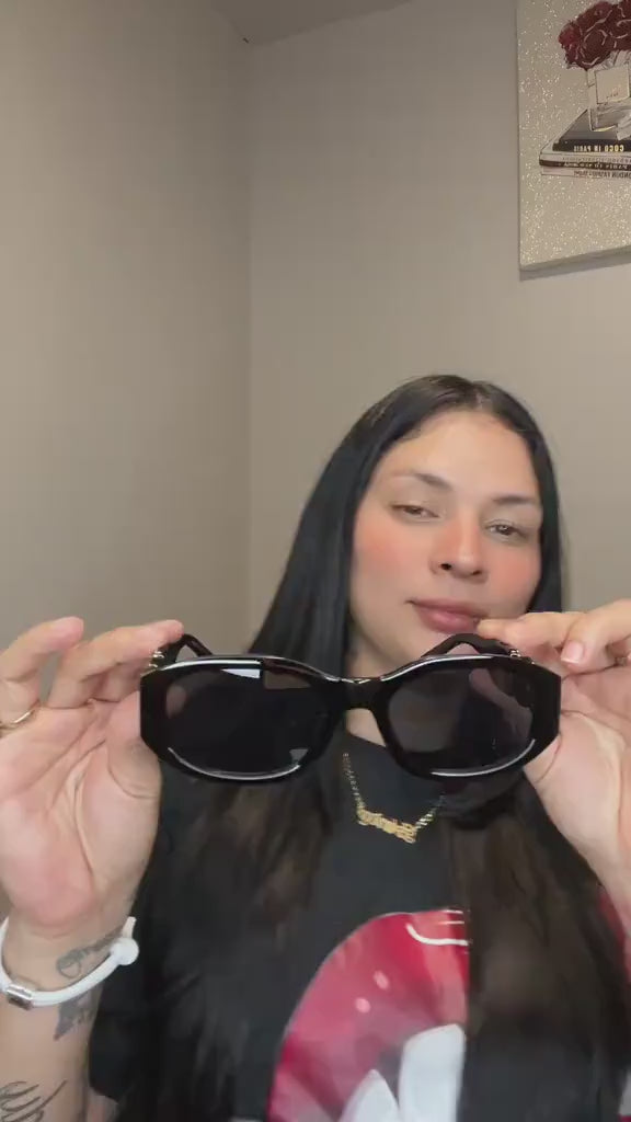 Vintage Black Rectangle Sunglasses: Retro Gold Medallion Shades, UV Protection